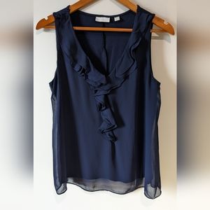 New York & Co. Navy Blue Ruffled V-Neckline Sleeveless Blouse